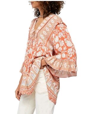 Free People Coral & White Boho Floral Tunic